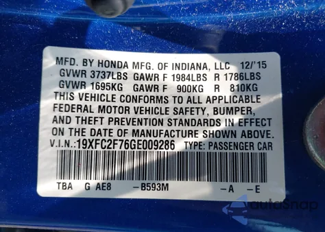 2016 Honda Civic Ex z USA, uszkodzony, nr VIN 19XFC2F76GE009286